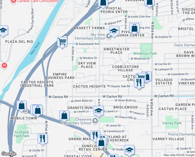 map of restaurants, bars, coffee shops, grocery stores, and more near 12535 North 87th Drive in Peoria