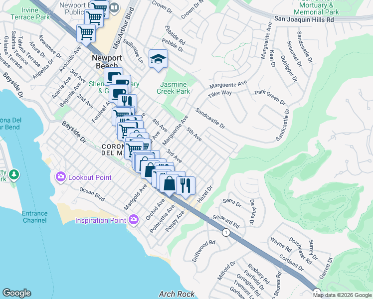 map of restaurants, bars, coffee shops, grocery stores, and more near 704 1/2 Marigold Avenue in Newport Beach