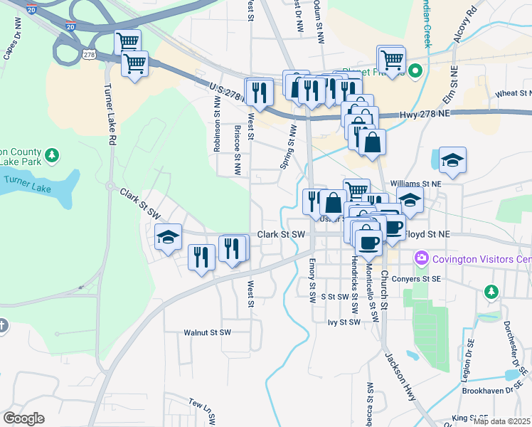 map of restaurants, bars, coffee shops, grocery stores, and more near 3124 Usher Street Northwest in Covington
