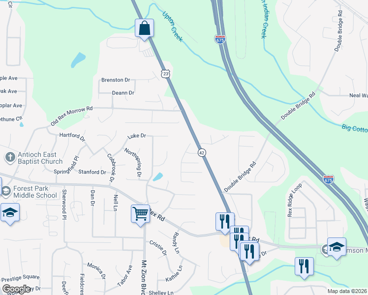 map of restaurants, bars, coffee shops, grocery stores, and more near 5753 Amerson Lane in Ellenwood