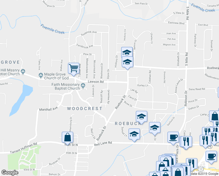 map of restaurants, bars, coffee shops, grocery stores, and more near 9880 Redcliff Road in Birmingham
