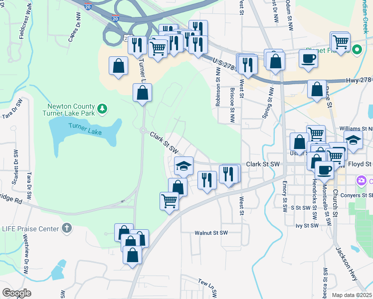 map of restaurants, bars, coffee shops, grocery stores, and more near 4121 North Swann Street in Covington