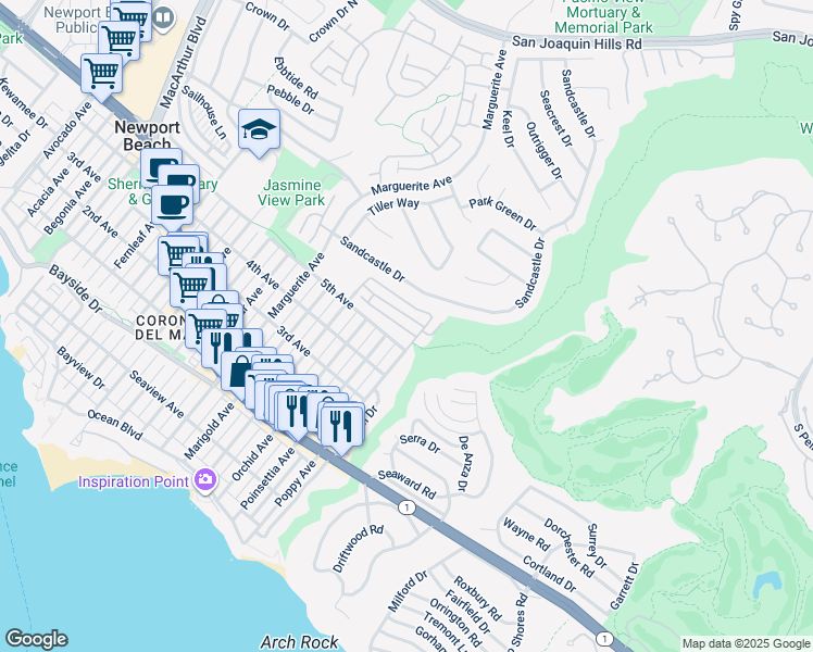 map of restaurants, bars, coffee shops, grocery stores, and more near 3720 Lilac Avenue in Newport Beach