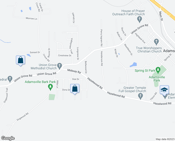 map of restaurants, bars, coffee shops, grocery stores, and more near 5213 Bellwood Drive in Adamsville