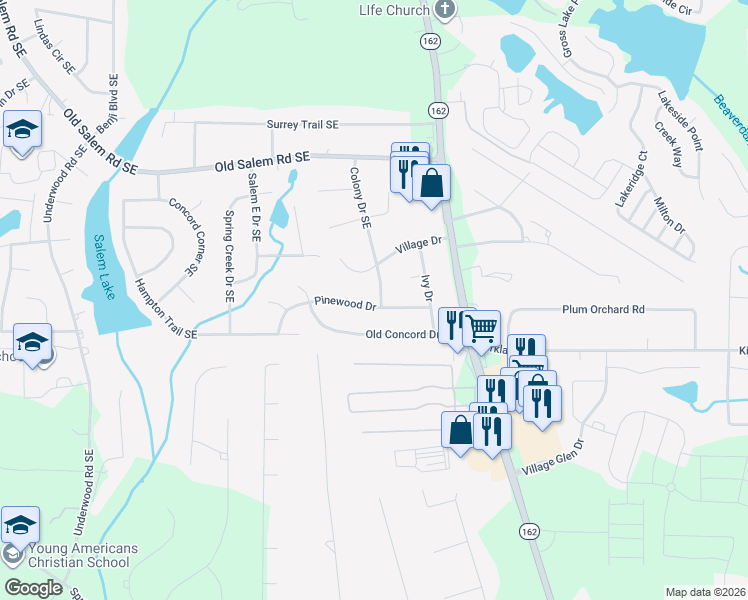 map of restaurants, bars, coffee shops, grocery stores, and more near 2305 Village Drive in Covington