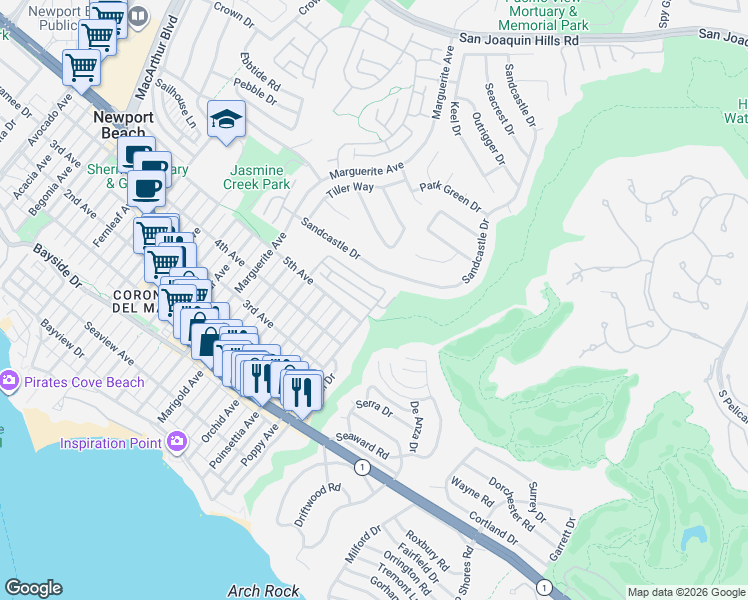 map of restaurants, bars, coffee shops, grocery stores, and more near in Newport Beach