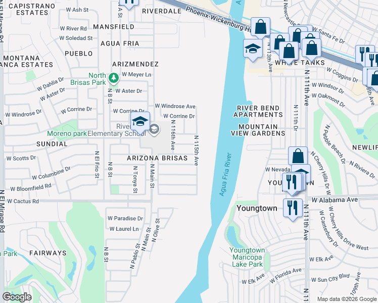 map of restaurants, bars, coffee shops, grocery stores, and more near 11514 West Larkspur Road in El Mirage