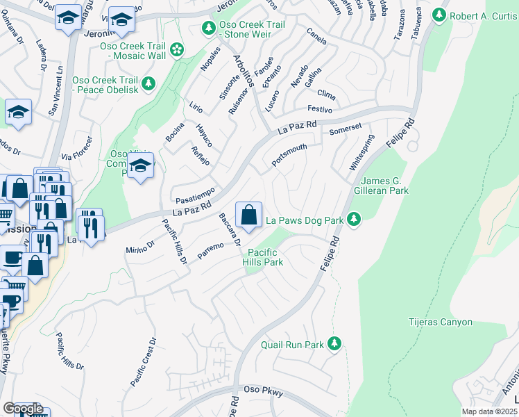 map of restaurants, bars, coffee shops, grocery stores, and more near 25221 Darlington in Mission Viejo