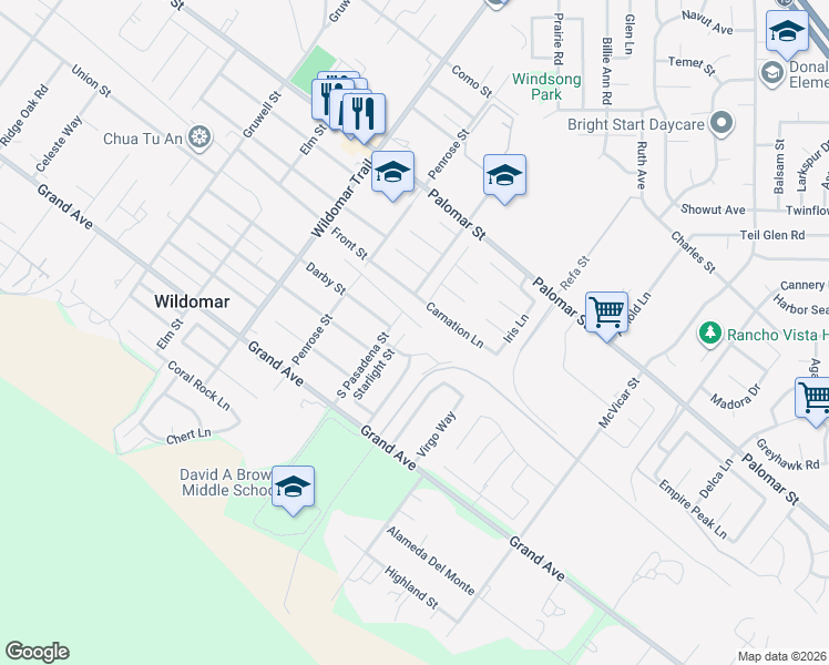 map of restaurants, bars, coffee shops, grocery stores, and more near 32720 Starlight Street in Wildomar