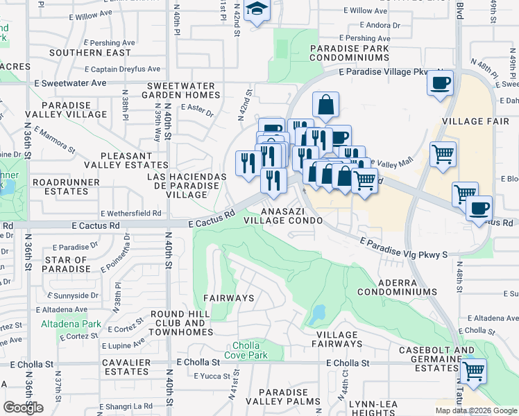 map of restaurants, bars, coffee shops, grocery stores, and more near 4242 East Cactus Road in Phoenix