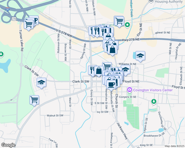 map of restaurants, bars, coffee shops, grocery stores, and more near 2118 Usher Street Northwest in Covington