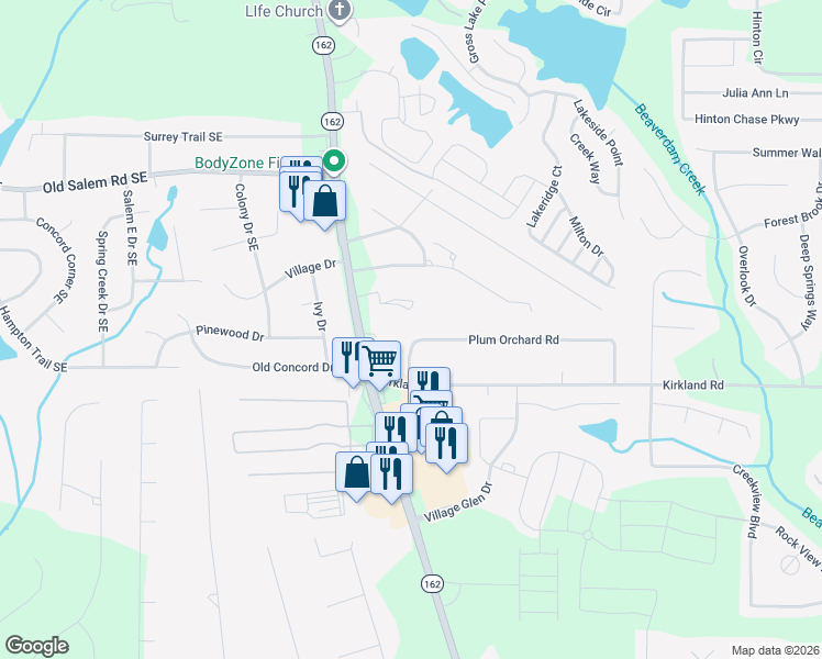 map of restaurants, bars, coffee shops, grocery stores, and more near 210 Plum Orchard Road in Covington