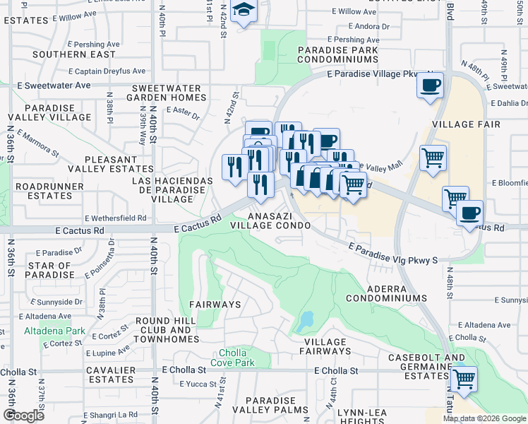 map of restaurants, bars, coffee shops, grocery stores, and more near 4516 East Lupine Avenue in Phoenix