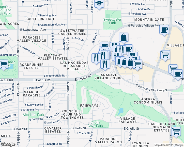 map of restaurants, bars, coffee shops, grocery stores, and more near E Cactus Rd & N 42nd Pl in Phoenix
