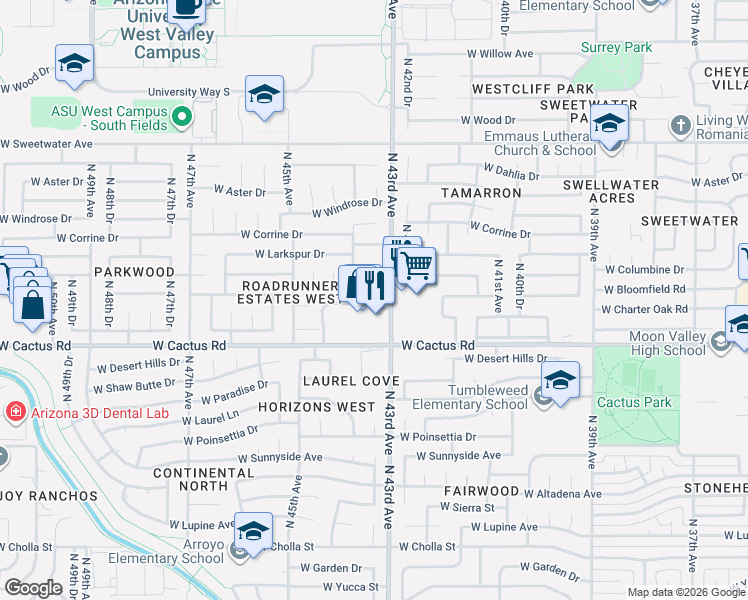 map of restaurants, bars, coffee shops, grocery stores, and more near 4309 West Bloomfield Road in Glendale