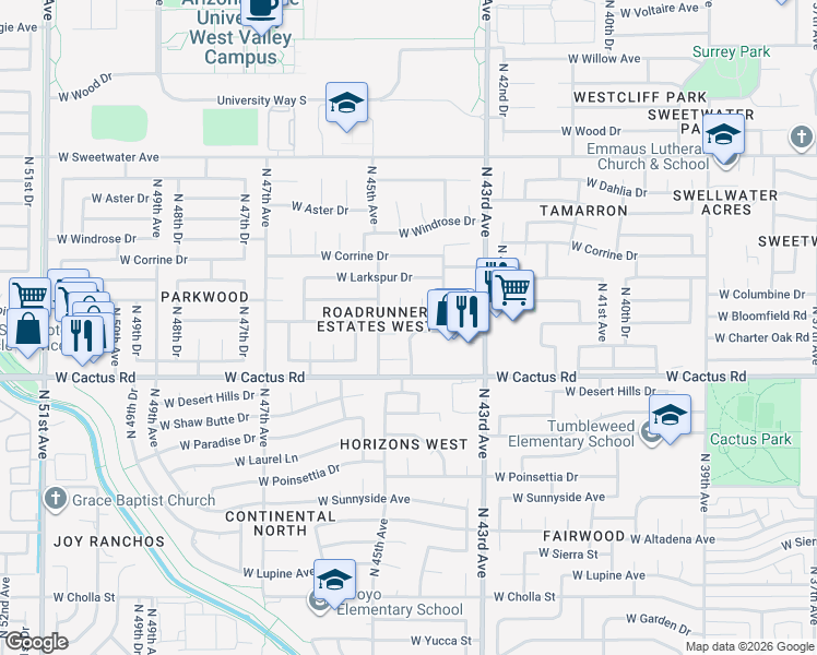 map of restaurants, bars, coffee shops, grocery stores, and more near 12414 North 44th Lane in Glendale