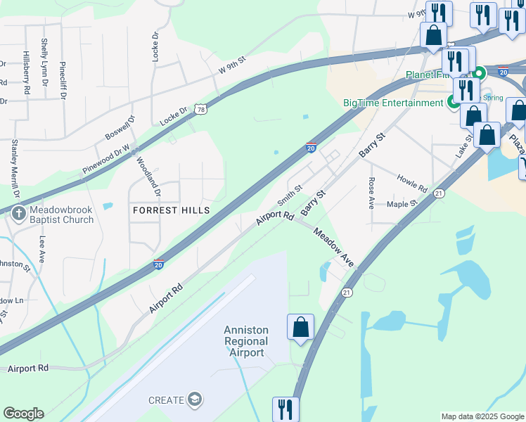 map of restaurants, bars, coffee shops, grocery stores, and more near 100 Airport Road in Oxford