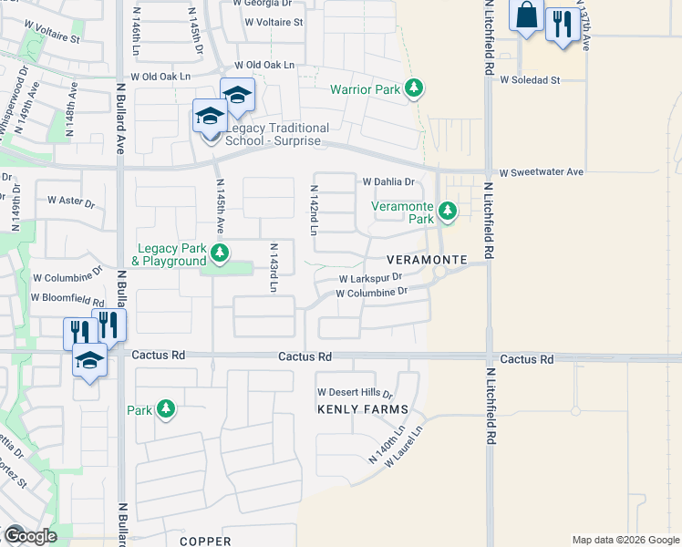 map of restaurants, bars, coffee shops, grocery stores, and more near 14231 West Rosewood Drive in Surprise
