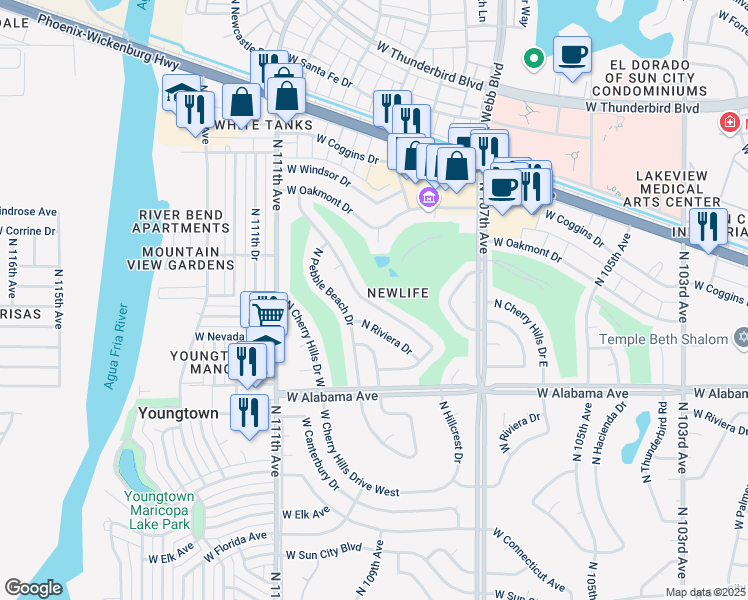 map of restaurants, bars, coffee shops, grocery stores, and more near 12477 North Augusta Drive in Sun City