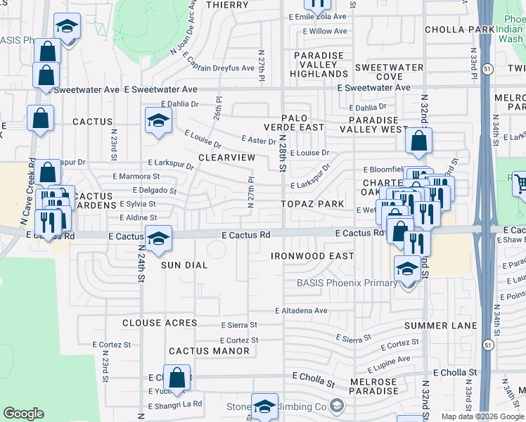 map of restaurants, bars, coffee shops, grocery stores, and more near 2730 East Sylvia Street in Phoenix