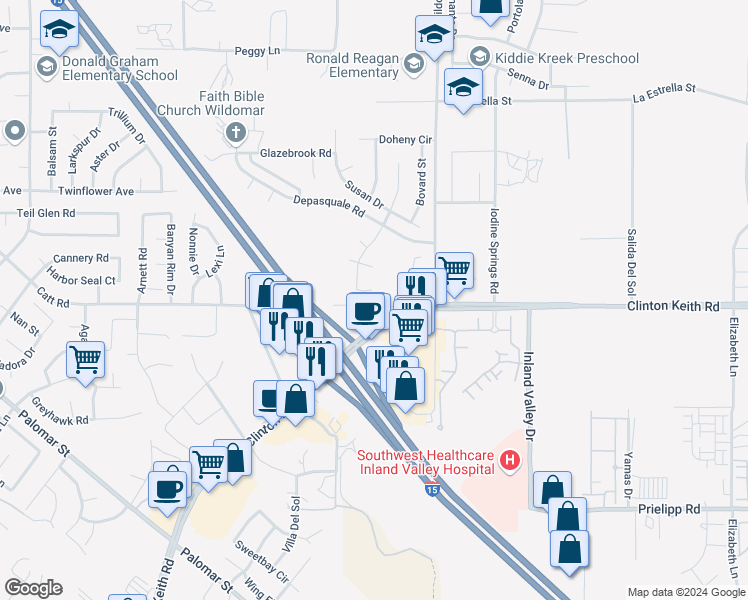 map of restaurants, bars, coffee shops, grocery stores, and more near 23837 Lancer Court in Wildomar