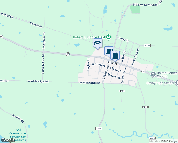 map of restaurants, bars, coffee shops, grocery stores, and more near 404 De Berry Street in Savoy