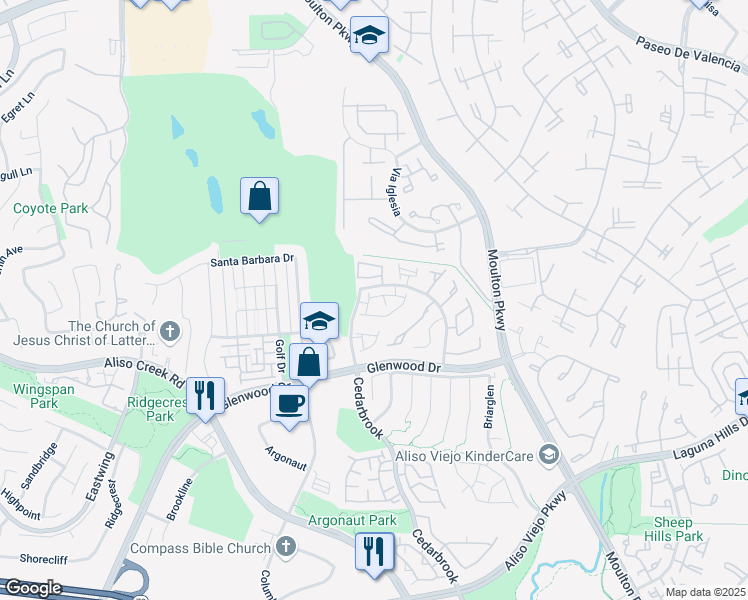 map of restaurants, bars, coffee shops, grocery stores, and more near 57 Via Athena in Aliso Viejo