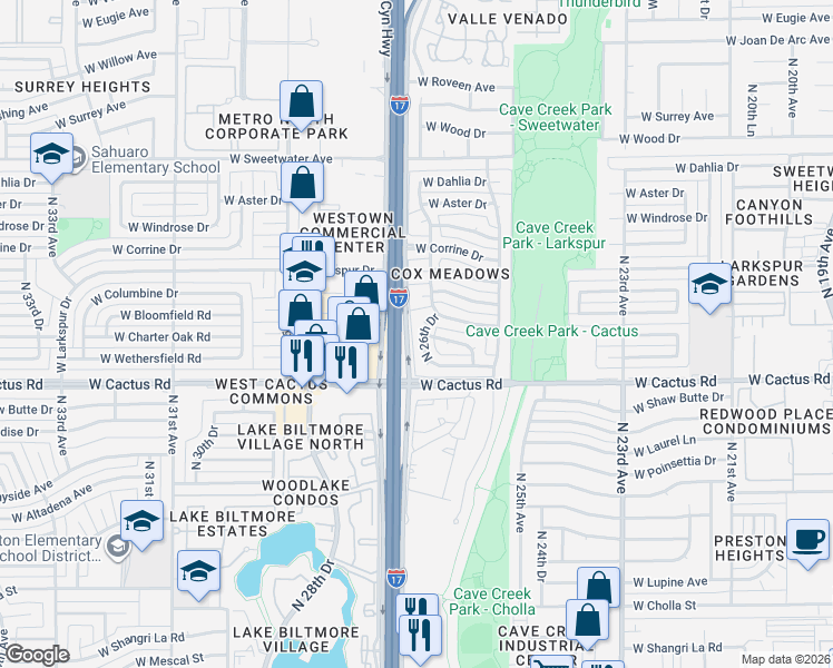 map of restaurants, bars, coffee shops, grocery stores, and more near 12402 North 26th Drive in Phoenix