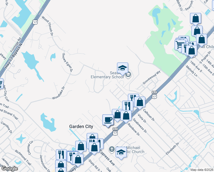 map of restaurants, bars, coffee shops, grocery stores, and more near 631 Bluebird Lane in Murrells Inlet