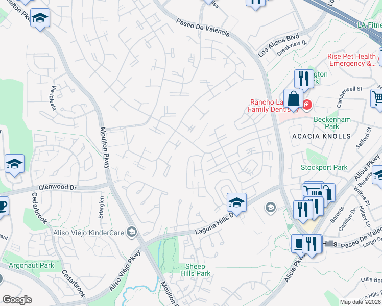 map of restaurants, bars, coffee shops, grocery stores, and more near 912 Ronda Sevilla in Laguna Woods