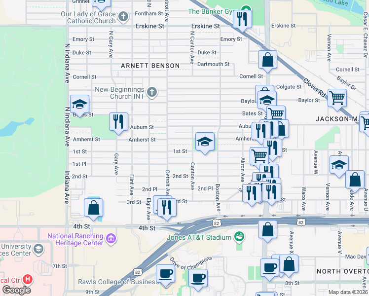 map of restaurants, bars, coffee shops, grocery stores, and more near 101-149 North Canton Avenue in Lubbock