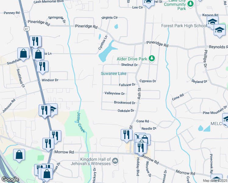 map of restaurants, bars, coffee shops, grocery stores, and more near 674 Valleyview Drive in Forest Park