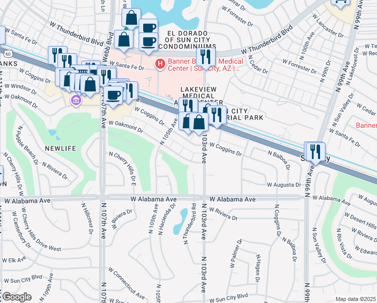 map of restaurants, bars, coffee shops, grocery stores, and more near 10323 West Coggins Drive in Sun City