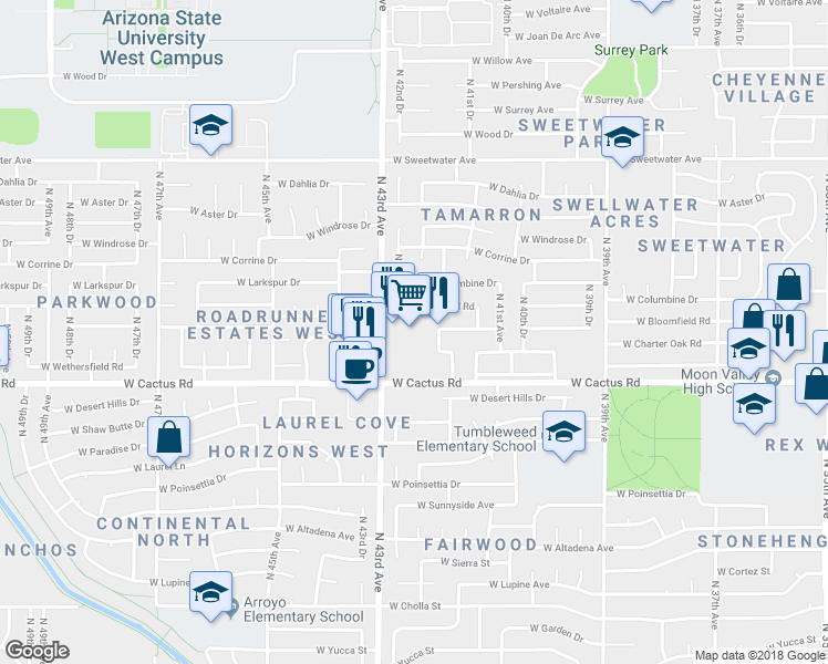 map of restaurants, bars, coffee shops, grocery stores, and more near 4202 West Cactus Road in Phoenix