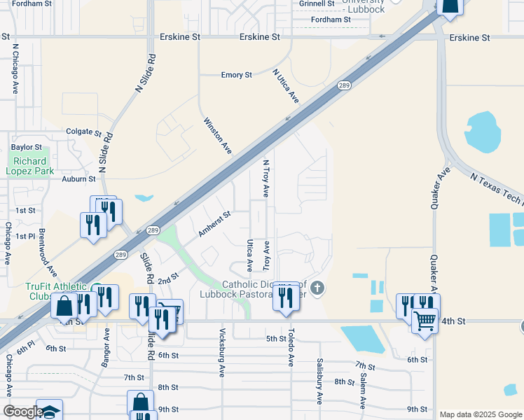 map of restaurants, bars, coffee shops, grocery stores, and more near 128 North Utica Avenue in Lubbock