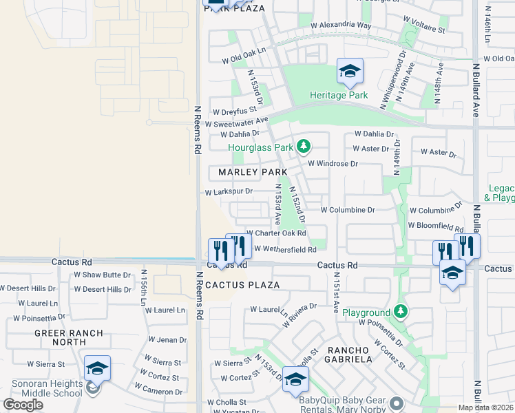 map of restaurants, bars, coffee shops, grocery stores, and more near 15380 West Columbine Drive in Surprise