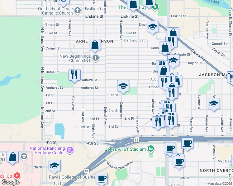 map of restaurants, bars, coffee shops, grocery stores, and more near 101-149 North Canton Avenue in Lubbock