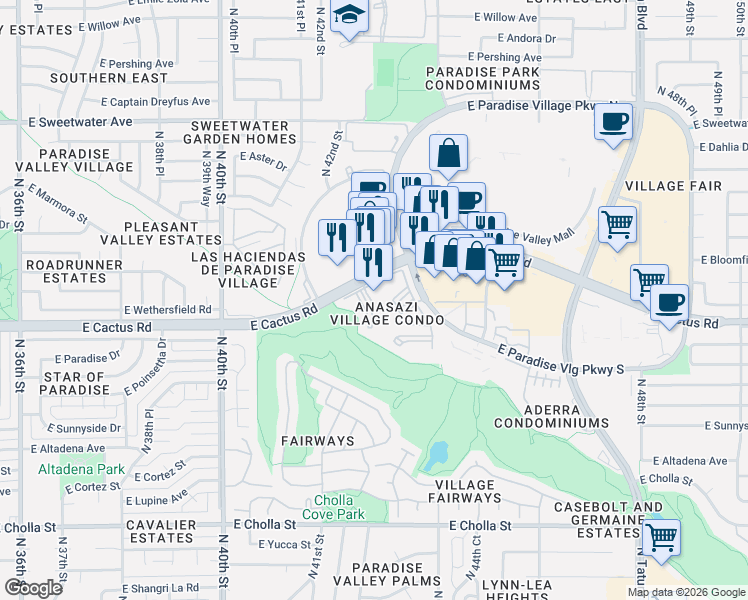 map of restaurants, bars, coffee shops, grocery stores, and more near 4242 East Cactus Road in Phoenix