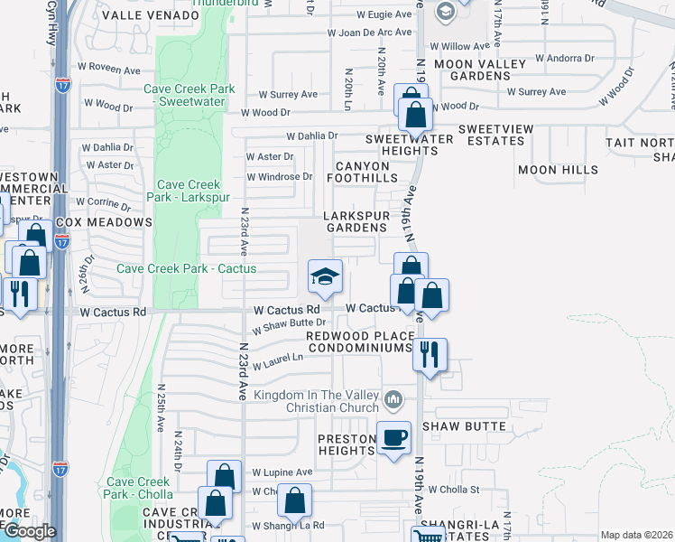 map of restaurants, bars, coffee shops, grocery stores, and more near 12202 North 21st Avenue in Phoenix