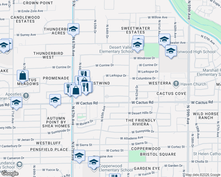 map of restaurants, bars, coffee shops, grocery stores, and more near 6414 West Bloomfield Road in Glendale