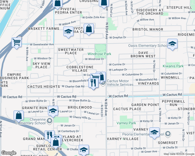 map of restaurants, bars, coffee shops, grocery stores, and more near 8329 West Columbine Drive in Peoria