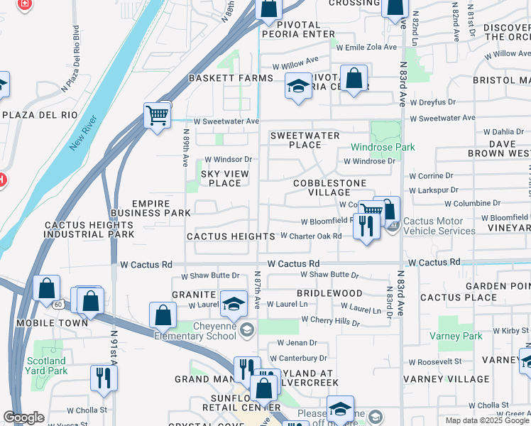 map of restaurants, bars, coffee shops, grocery stores, and more near 12442 North 86th Lane in Peoria