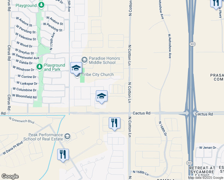 map of restaurants, bars, coffee shops, grocery stores, and more near 12200-12972 North Cotton Lane in Surprise