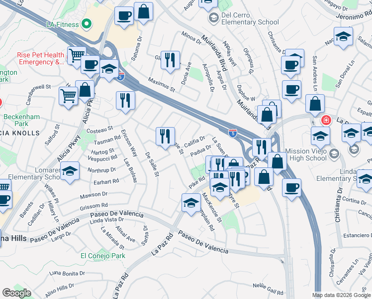 map of restaurants, bars, coffee shops, grocery stores, and more near 25651 Califia Drive in Laguna Hills