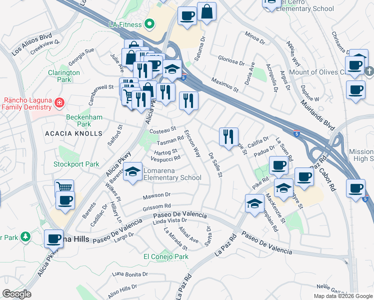map of restaurants, bars, coffee shops, grocery stores, and more near 25082 Las Bolsas in Laguna Hills