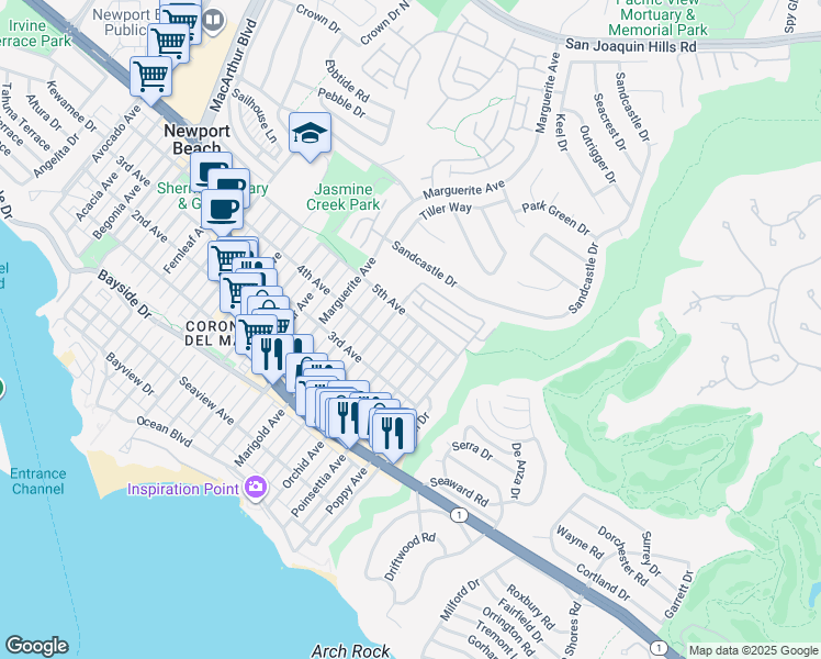 map of restaurants, bars, coffee shops, grocery stores, and more near 3520 5th Avenue in Newport Beach