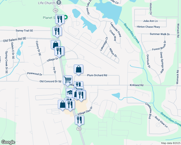 map of restaurants, bars, coffee shops, grocery stores, and more near 150 Plum Orchard Road in Covington