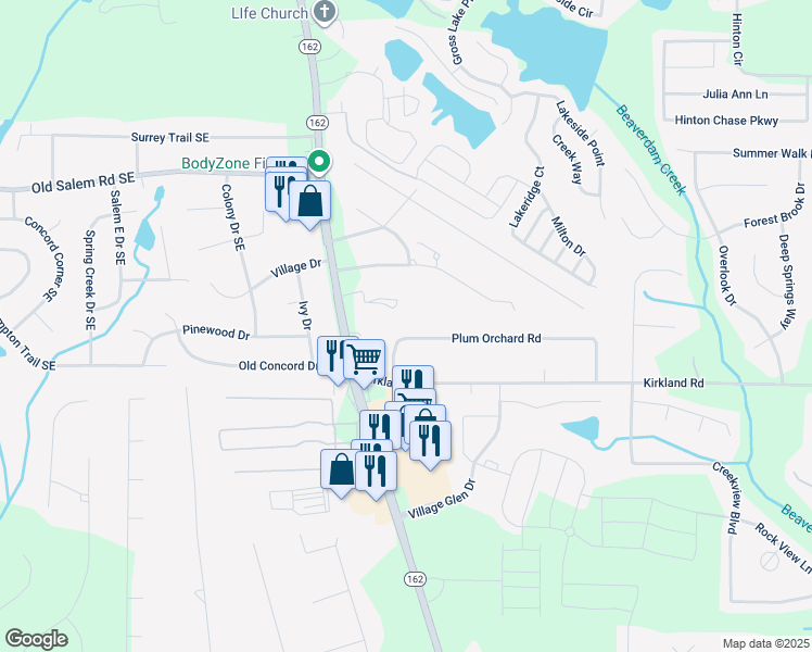map of restaurants, bars, coffee shops, grocery stores, and more near 3400 Salem Road in Covington