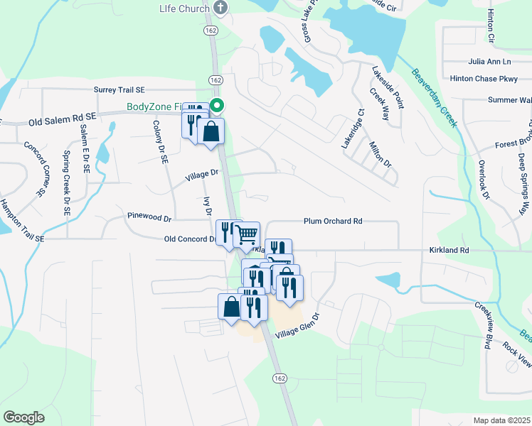 map of restaurants, bars, coffee shops, grocery stores, and more near 3400 Salem Road in Covington