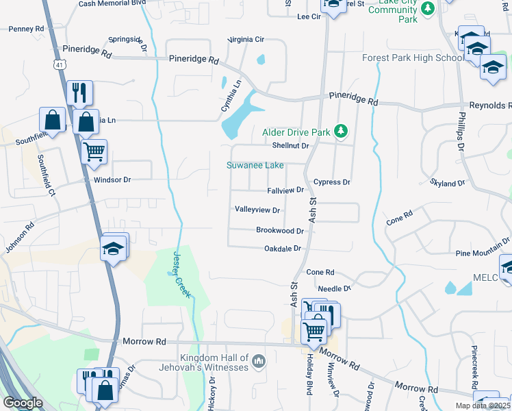 map of restaurants, bars, coffee shops, grocery stores, and more near 674 Valleyview Drive in Forest Park